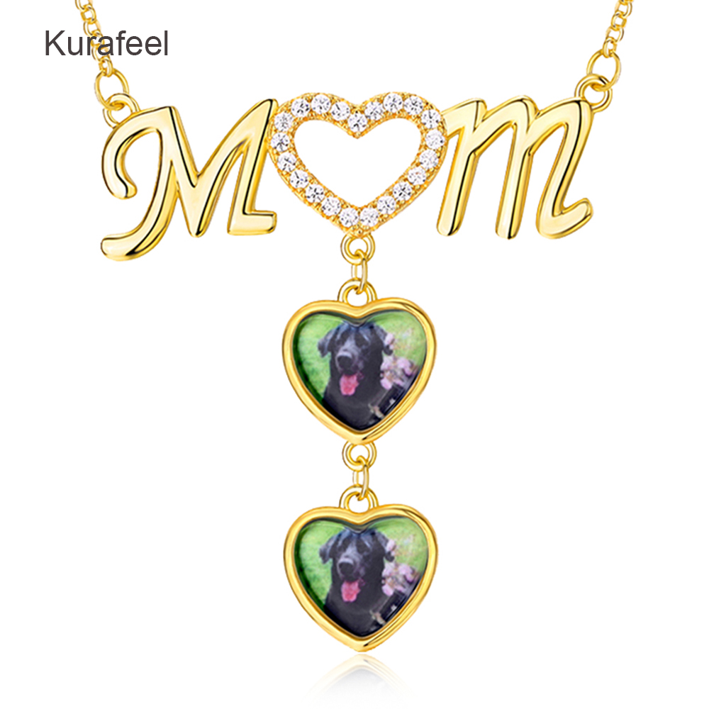 Double Heart Shape Lettering Zircon Photo Necklace 925 Sterling Silver Necklace
